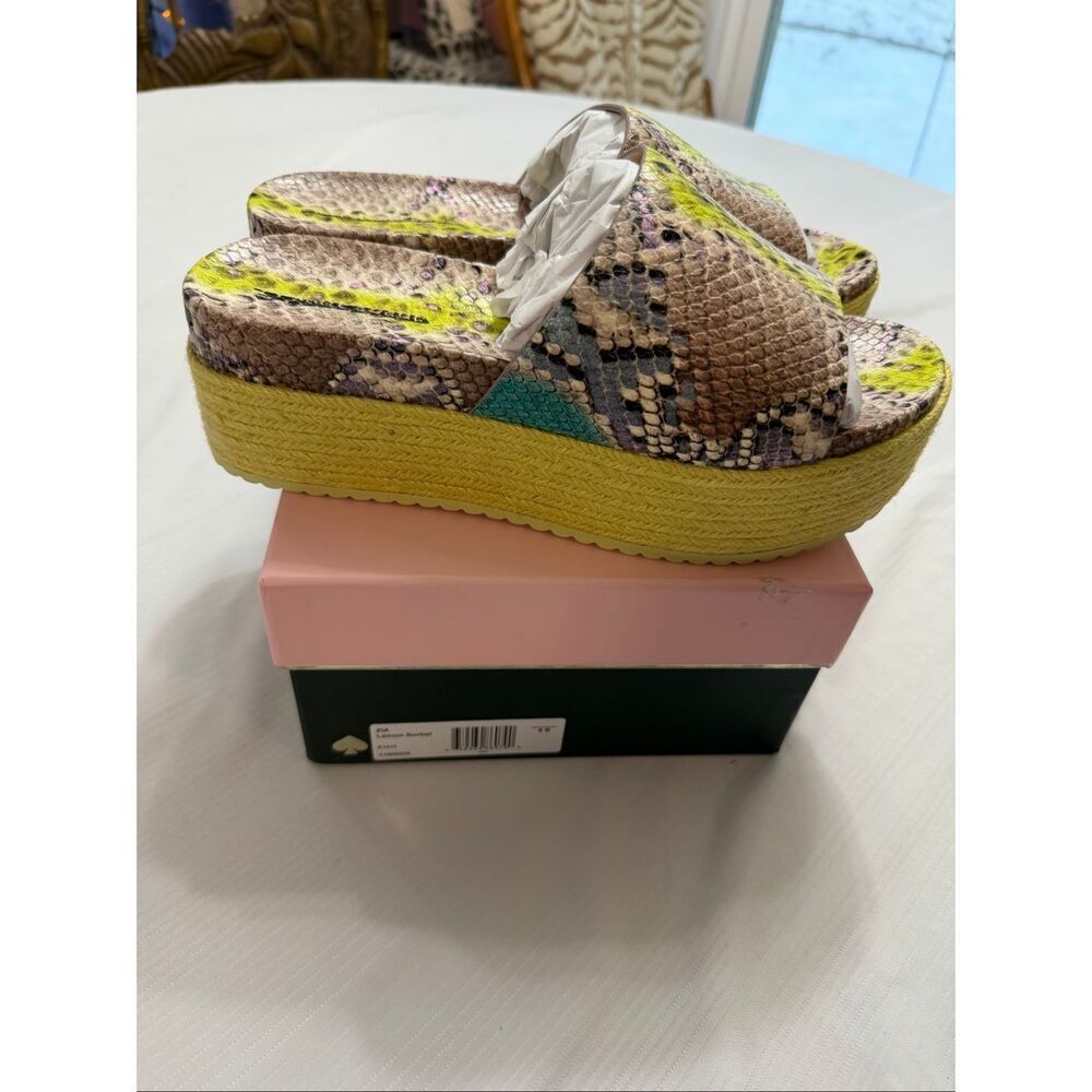 NWT Kate Spade Zia Faux Snakeskin Platform Sandals Beige Yellow Size 8 B New